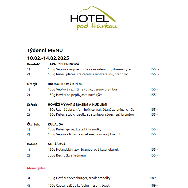 Jídelní lístek Hotel pod Hůrkou 10.02.-14.02.2025