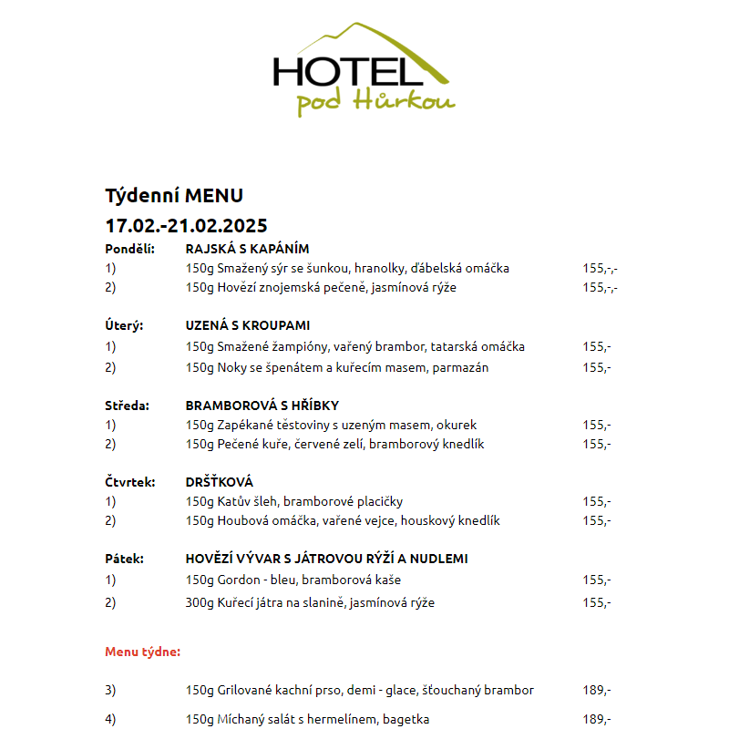 Jídelní lístek Hotel pod Hůrkou 17.02.-21.02.2025