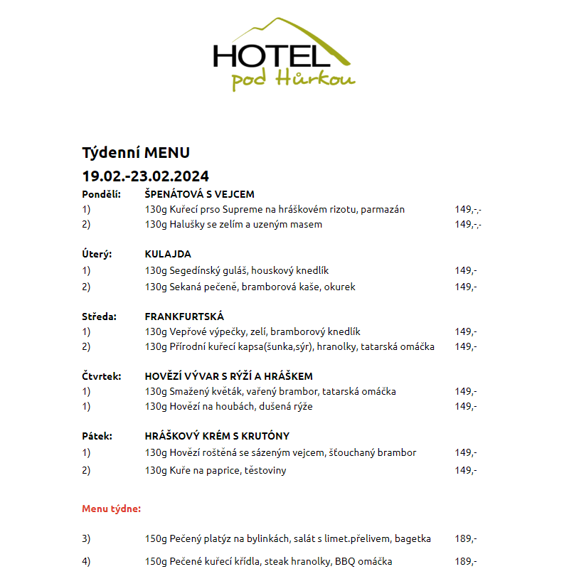 Jídelní lístek Hotel pod Hůrkou 19.02.-23.02.2024