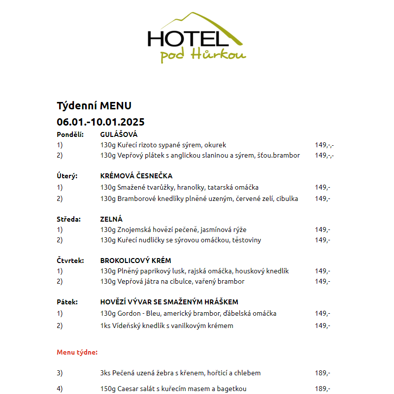 Jídelní lístek Hotel pod Hůrkou 06.01.-10.01.2025