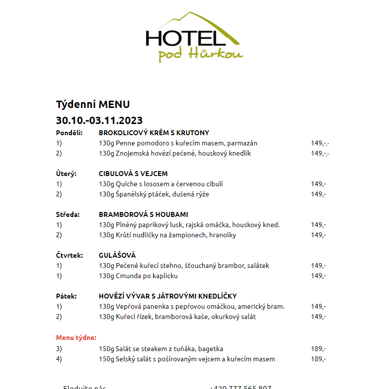 Jídelní lístek Hotel pod Hůrkou 30.10.-03.11.2023
