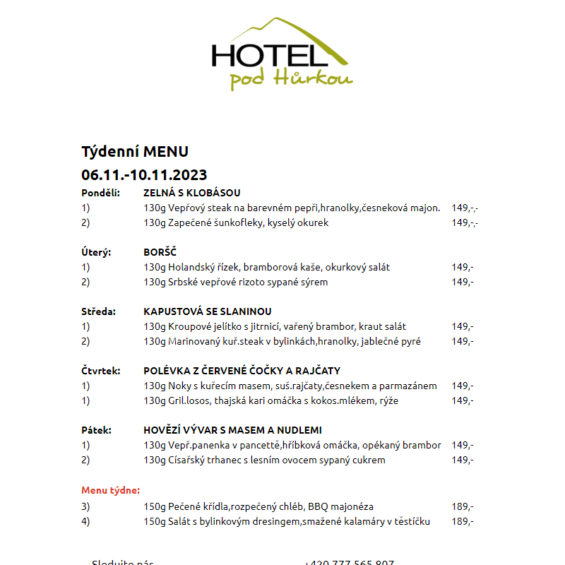 Jídelní lístek Hotel pod Hůrkou 06.11.-10.11.2023