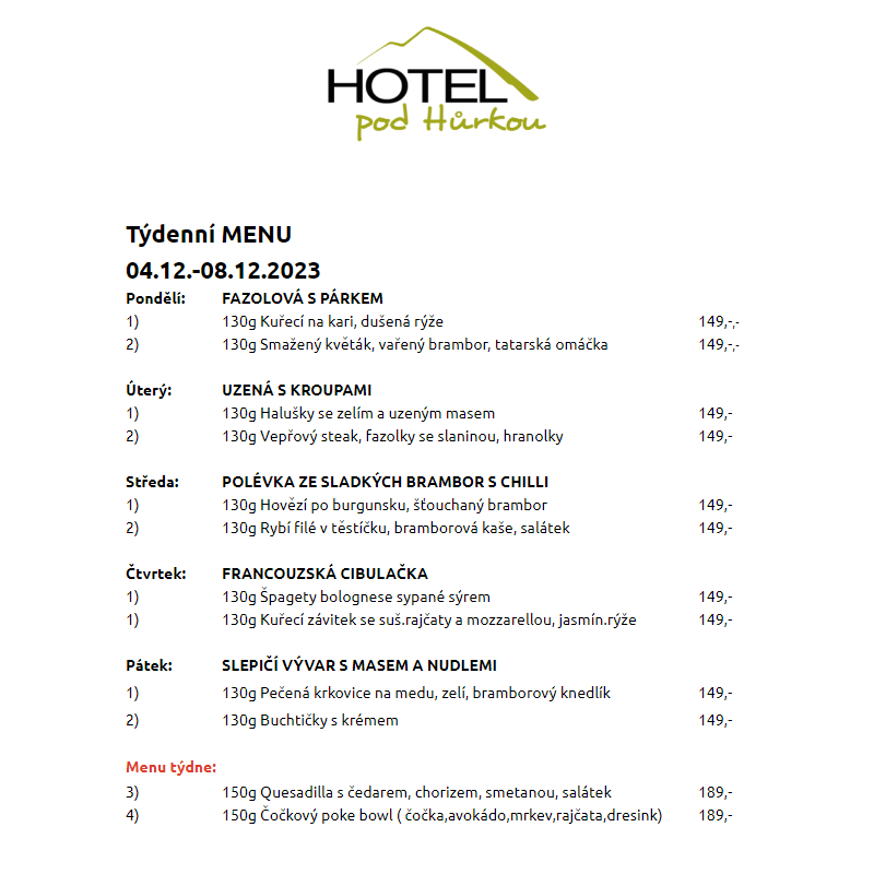 Jídelní lístek Hotel pod Hůrkou 04.12.-08.12.2023
