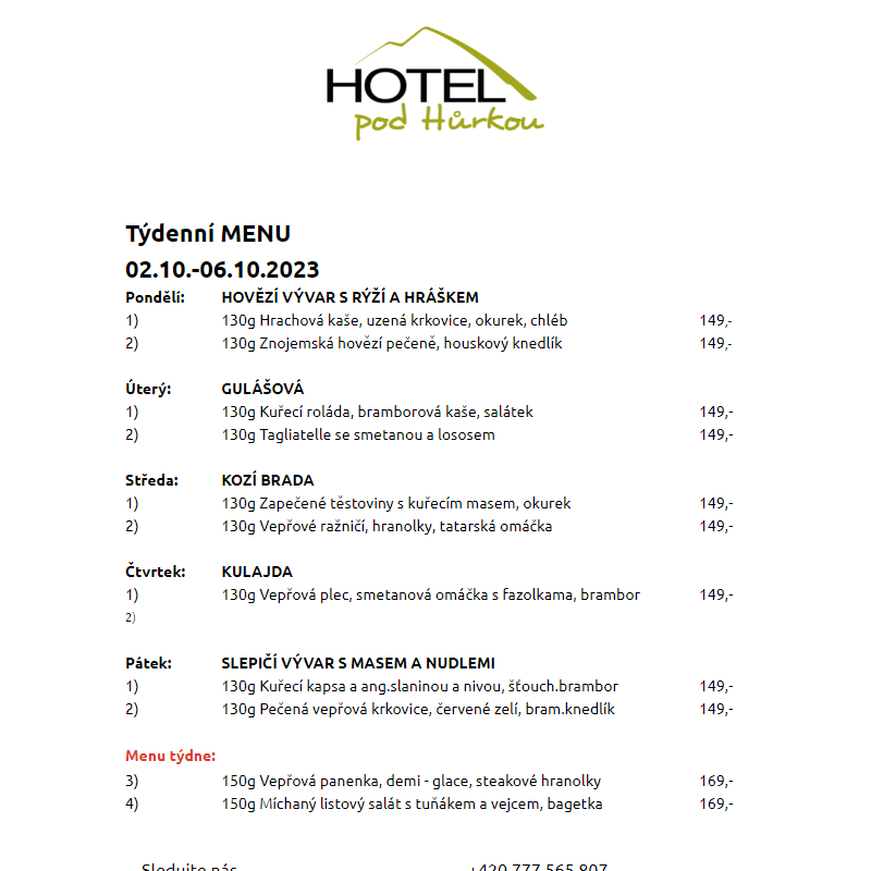 Jídelní lístek Hotel pod Hůrkou 02.10.-06.10.2023
