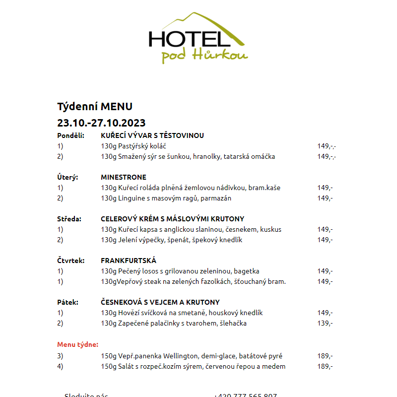 Jídelní lístek Hotel pod Hůrkou 23.10.-27.10.2023
