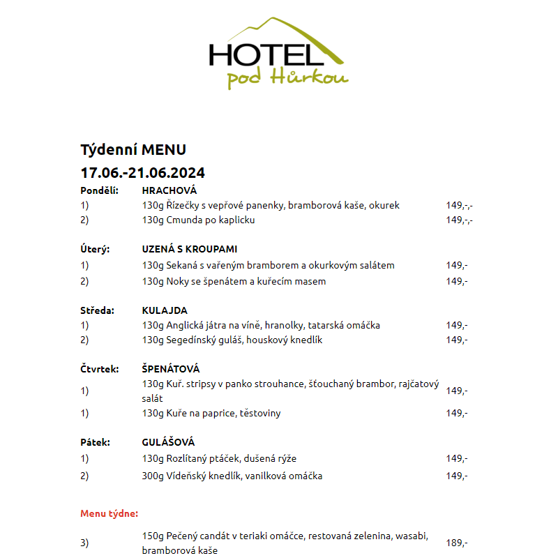 Jídelní lístek Hotel pod Hůrkou 17.06.-21.06.2024