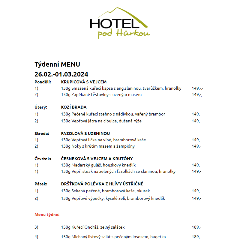 Jídelní lístek Hotel pod Hůrkou 26.02.-01.03.2024