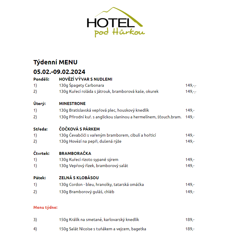 Jídelní lístek Hotel pod Hůrkou 05.02.-09.02.2024