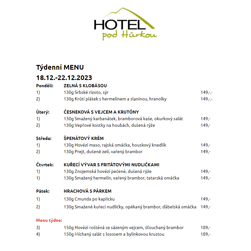 Jídelní lístek Hotel pod Hůrkou 18.12.-22.12.2023