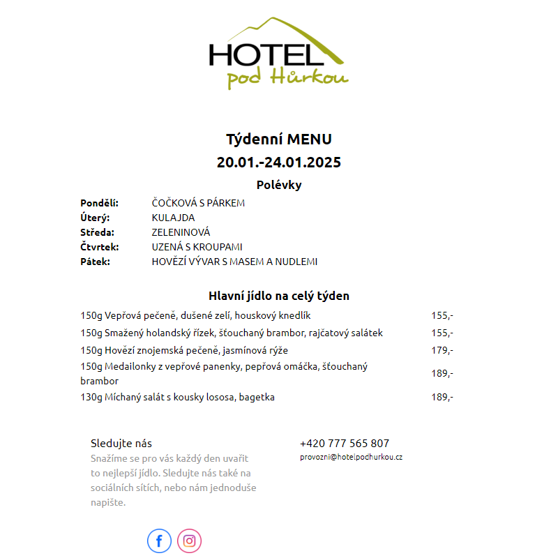 Jídelní lístek Hotel pod Hůrkou 20.01.-24.01.2025