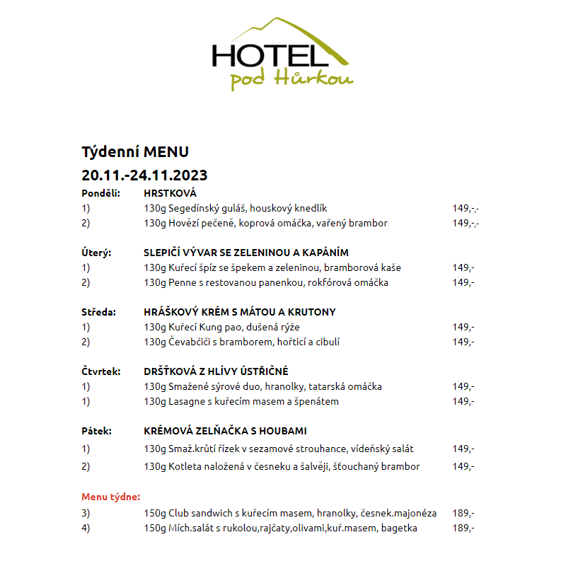 Jídelní lístek Hotel pod Hůrkou 20.11.-24.11.2023