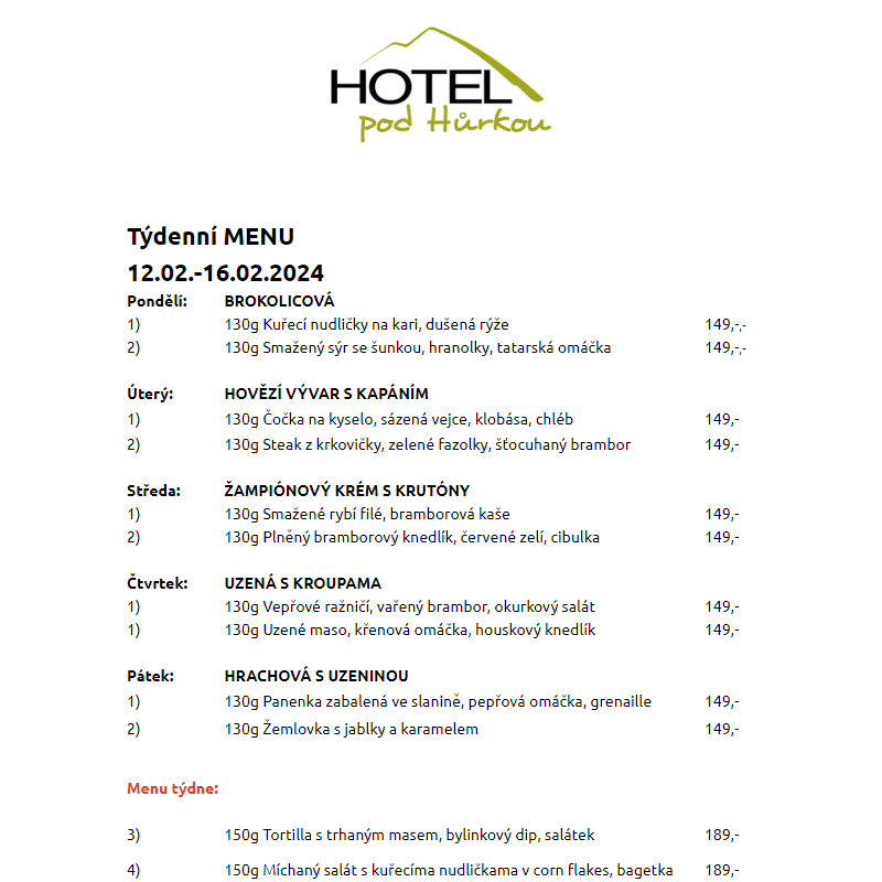Jídelní lístek Hotel pod Hůrkou 12.02.-16.02.2024