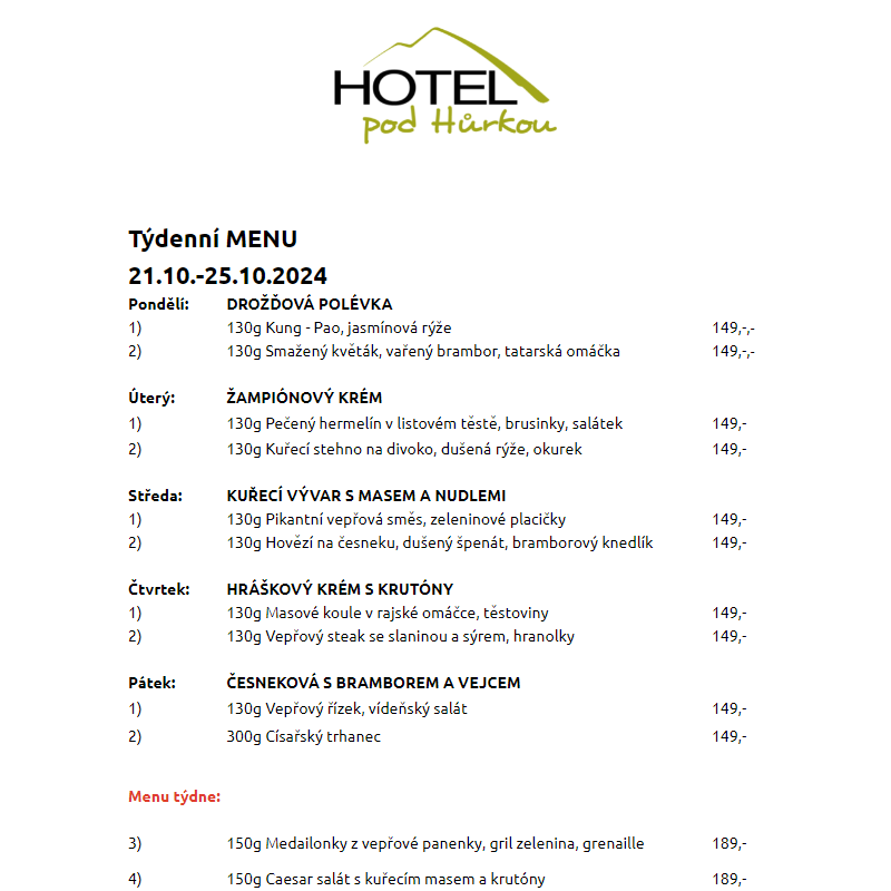 Jídelní lístek Hotel pod Hůrkou 21.10.-25.10.2024