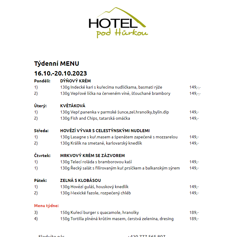 Jídelní lístek Hotel pod Hůrkou 16.10.-20.10.2023