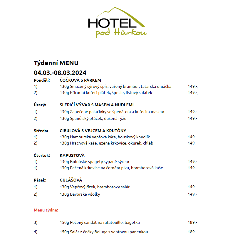 Jídelní lístek Hotel pod Hůrkou 04.03.-08.03.2024