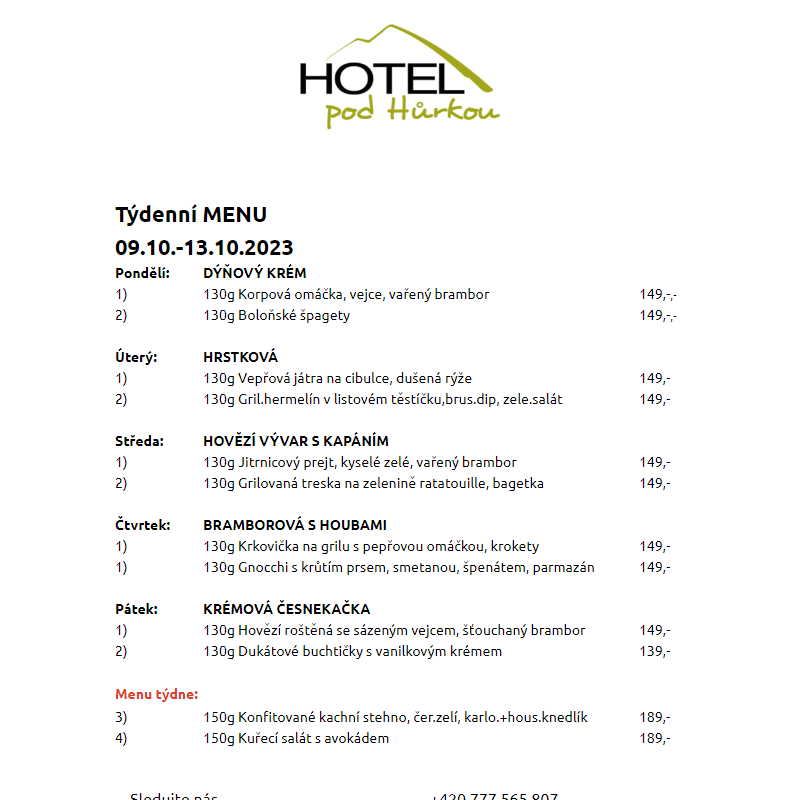Jídelní lístek Hotel pod Hůrkou 09.10.-13.10.2023