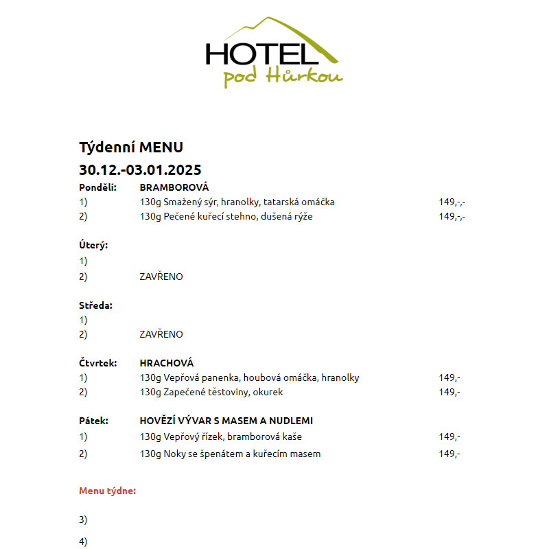 Jídelní lístek Hotel pod Hůrkou 30.12.-03.01.2025