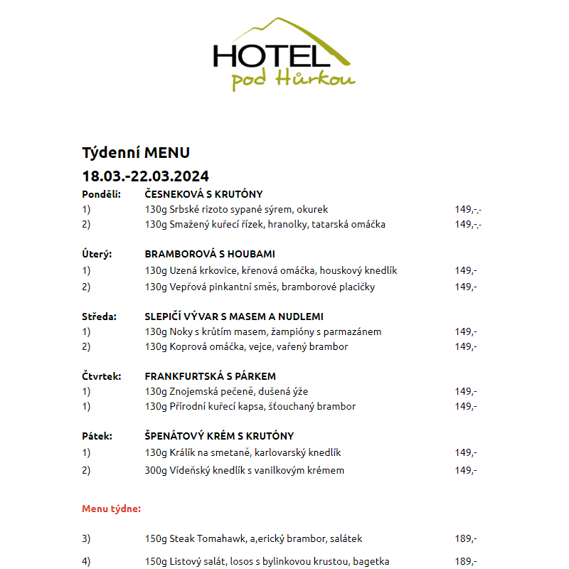 Jídelní lístek Hotel pod Hůrkou 18.03.-22.03.2024