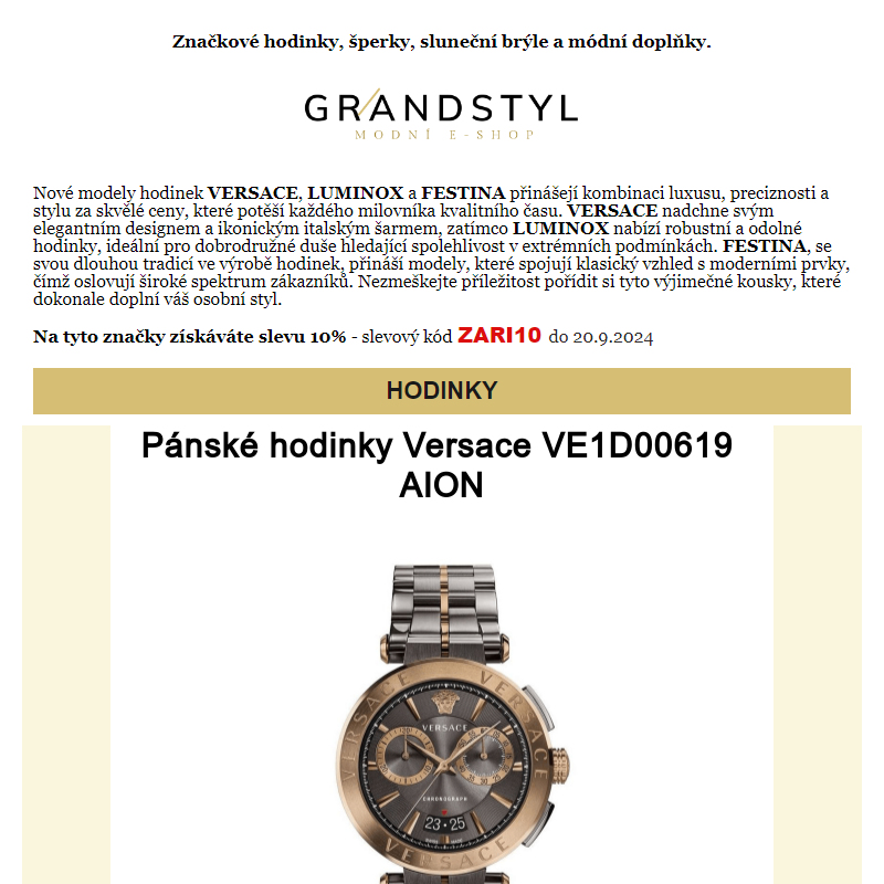 Dobrý den, sleva 10% na hodinky FESTINA, VERSACE a LUMINOX