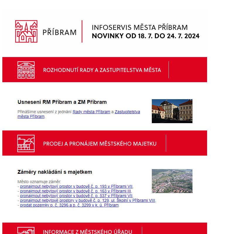 Novinky 18. 7. až 24. 7. 2024: Usnesení RM a ZM Příbram; Záměry nakládání s majetkem; Sběr školních tašek a batohů; Letní farmářské trhy