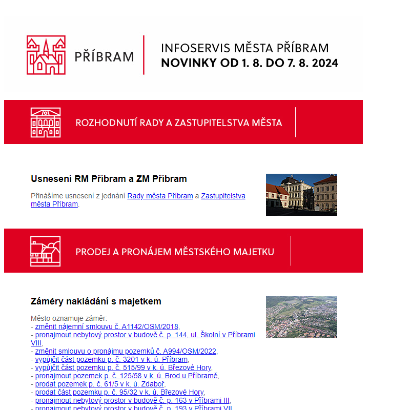 Novinky 1. 8. až 7. 8. 2024: Usnesení RM a ZM Příbram; Záměry nakládání s majetkem; První část obnovy Jiráskových sadů začne v srpnu; Léto na Nováku s Ewou Farnou