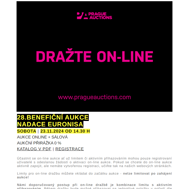 28. BENEFIČNÍ AUKCE NADACE EURONISA JIŽ TUTO SOBOTU 23.11. OD 14.30 H !!!  |  REGISTRACE