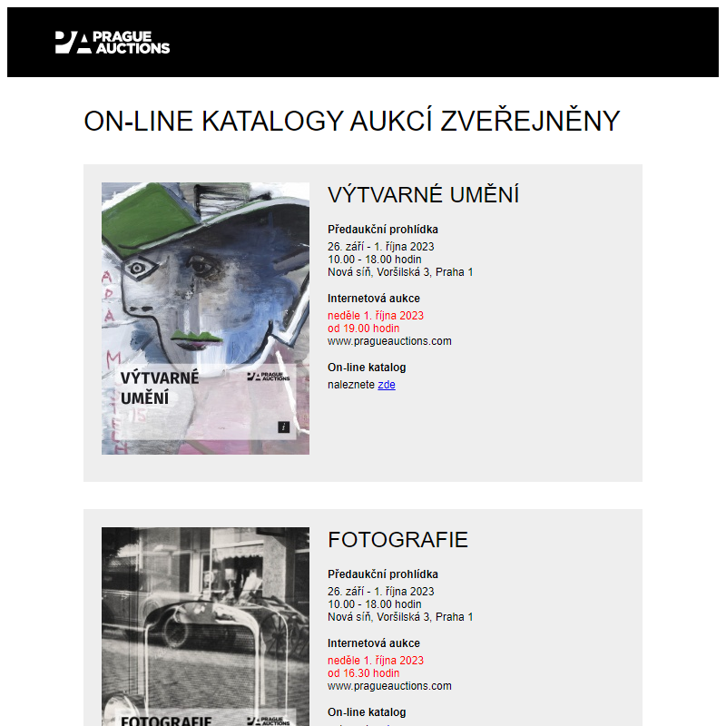 On-line katalogy aukcí zveřejněny