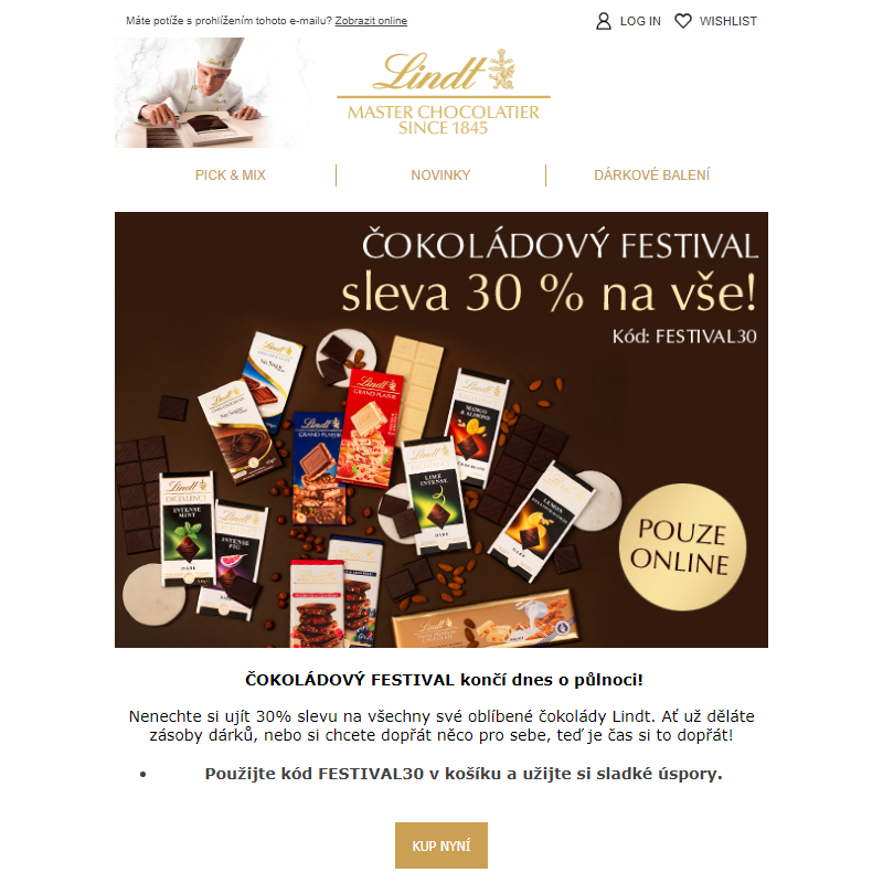 - 30% Sleva na všechny čokolády Lindt - pouze do půlnoci! __