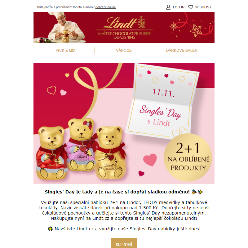 __ Singles' Day - 2+1 zdarma na TEDDY medvídky, LINDOR pralinky a tabulkové čokolády