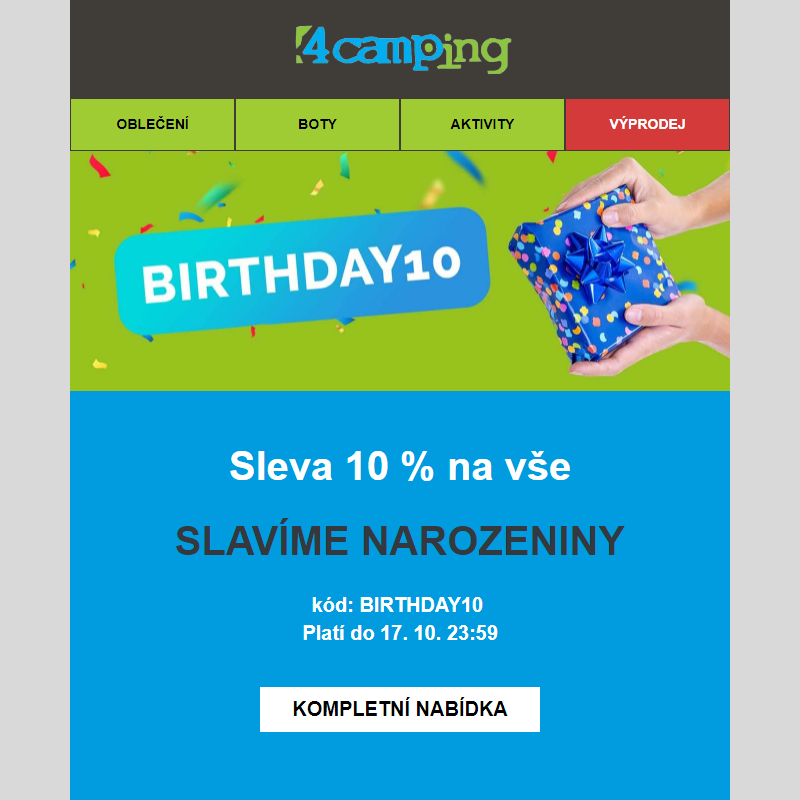 _ Narozeniny 4camping - dodatečných 10 % na VŠE