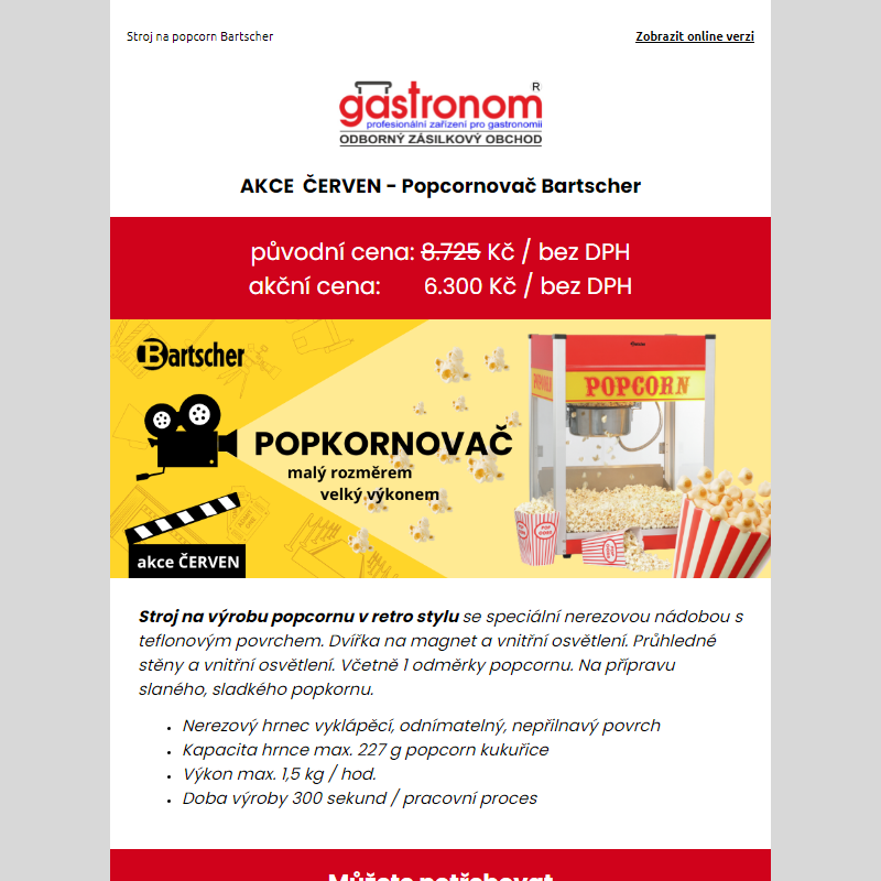 Stroj na popcorn - akční cena 6 300 Kč