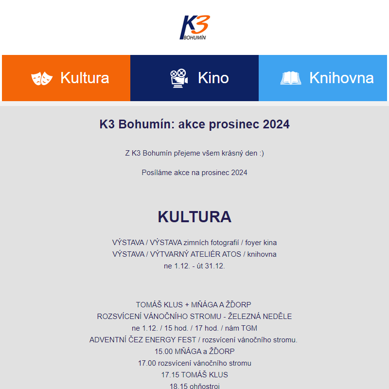 K3 Bohumín: akce prosinec 2024