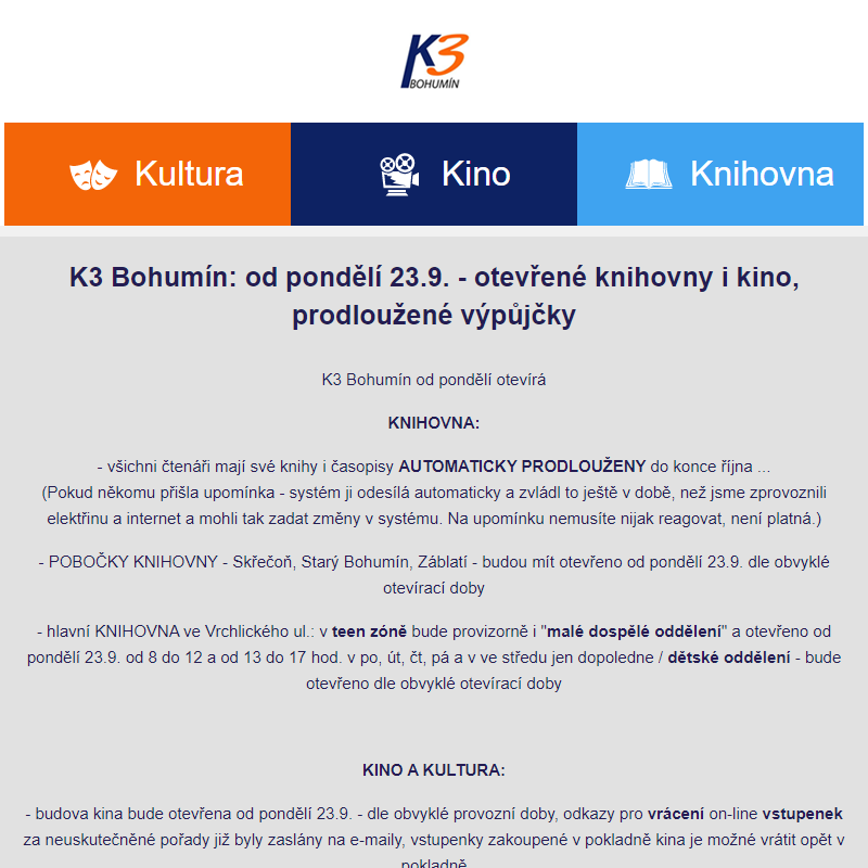 K3 Bohumín: od pondělí 23.9. - otevřené knihovny i kino, prodloužené výpůjčky