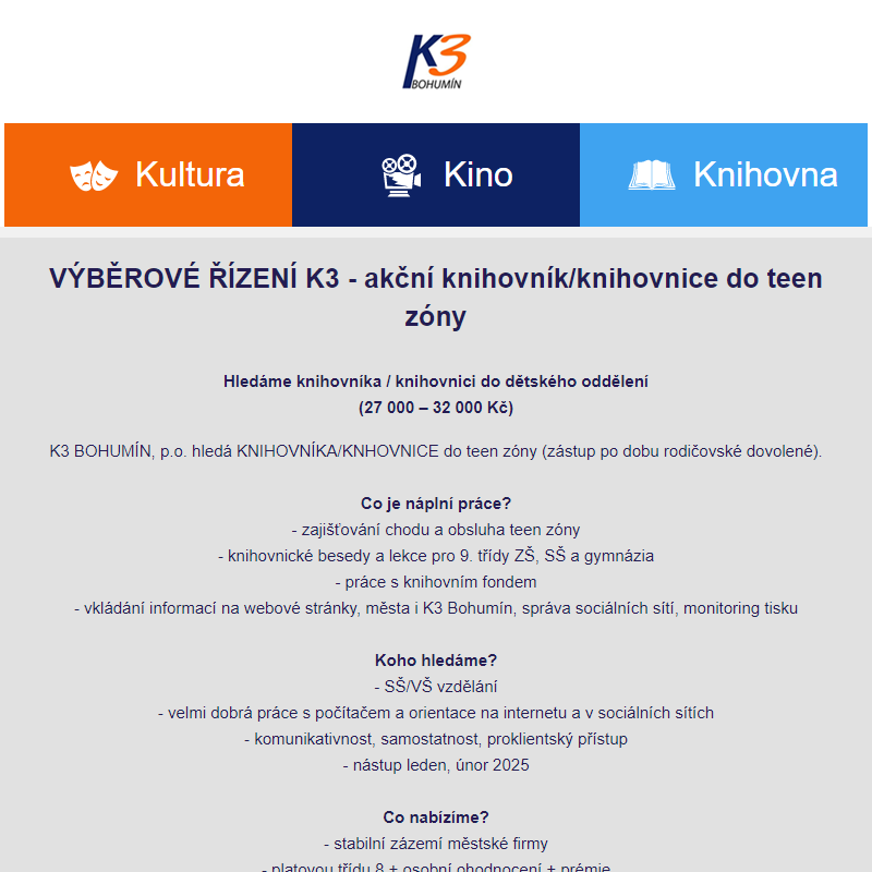 VÝBĚROVÉ ŘÍZENÍ K3 - akční knihovník/knihovnice do teen zóny