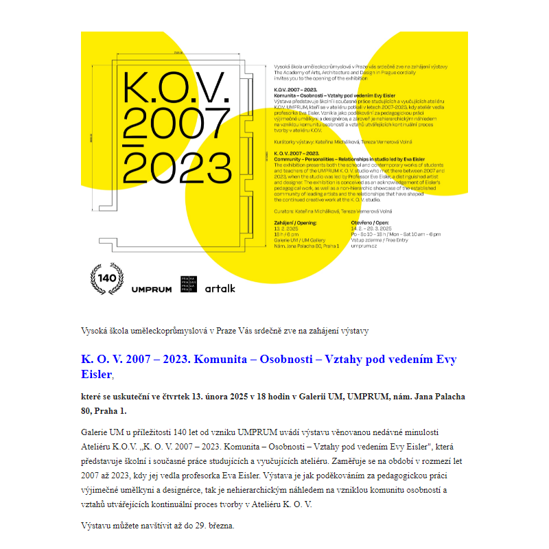 Pozvánka - K.O.V. 2007–2023 - vernisáž 13. 2., Galerie UM