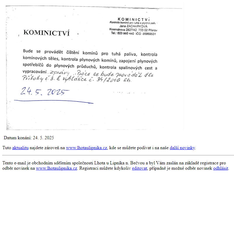 Kominictví Jana Zacharková - nabídka služeb 24. 5. 2025
