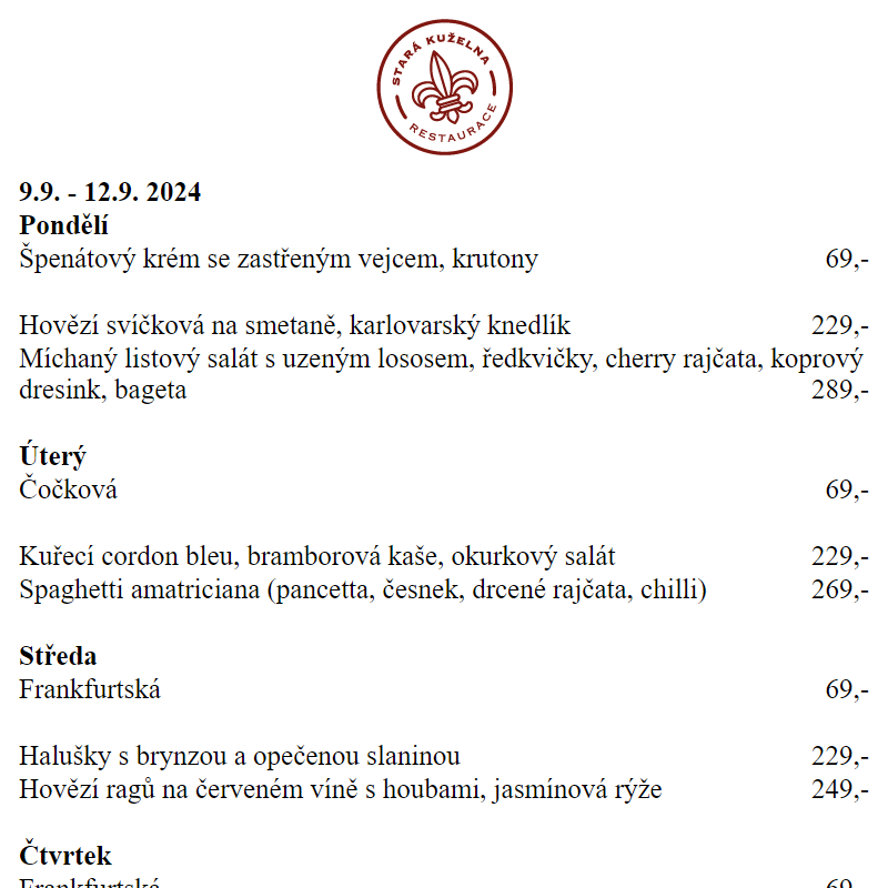 Denní nabídka | RESTAURANT STARÁ KUŽELNA