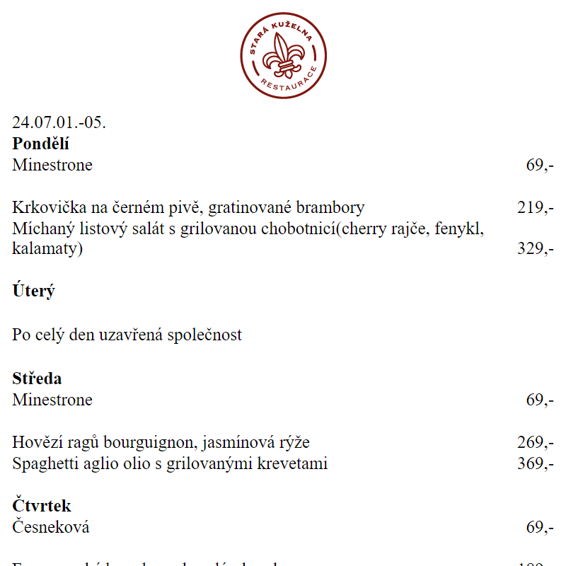 Denní nabídka | RESTAURANT STARÁ KUŽELNA