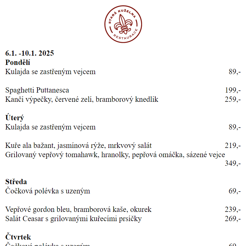 Denní nabídka | RESTAURANT STARÁ KUŽELNA