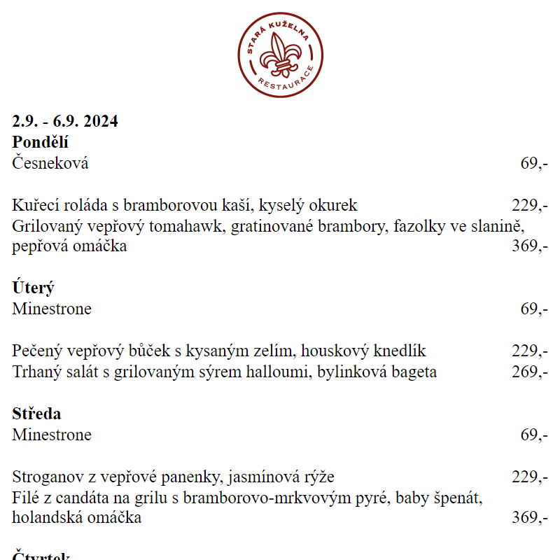 Denní nabídka | RESTAURANT STARÁ KUŽELNA