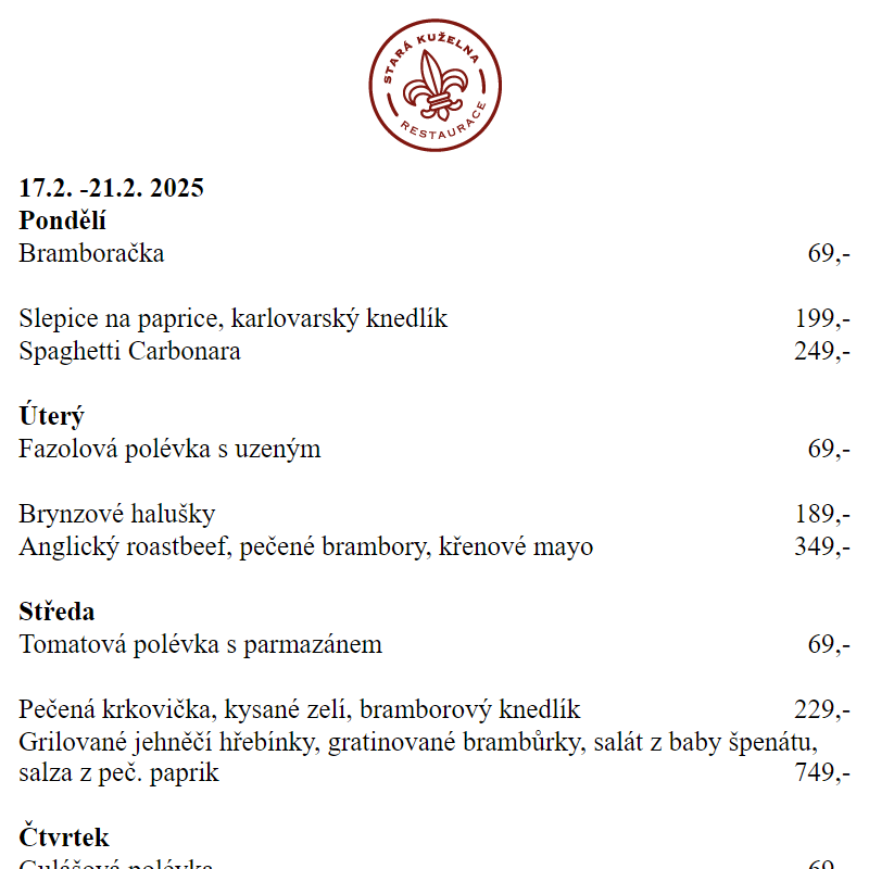 Denní nabídka | RESTAURANT STARÁ KUŽELNA