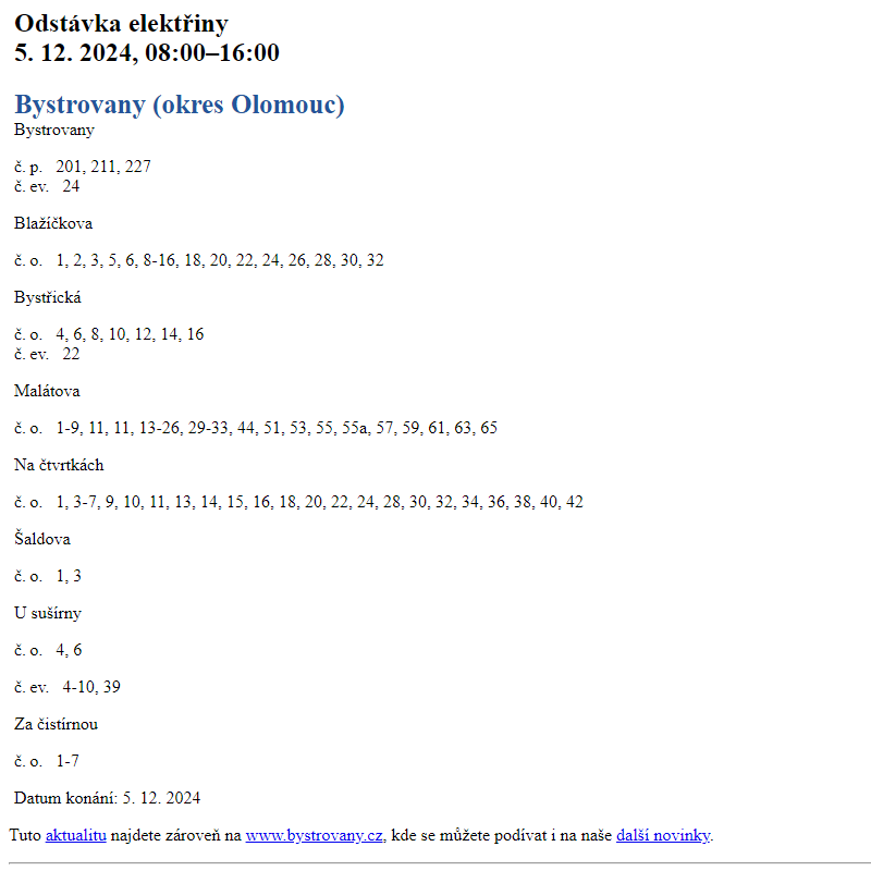 Odstávka elektřiny v obci Bystrovany 5.12.2024