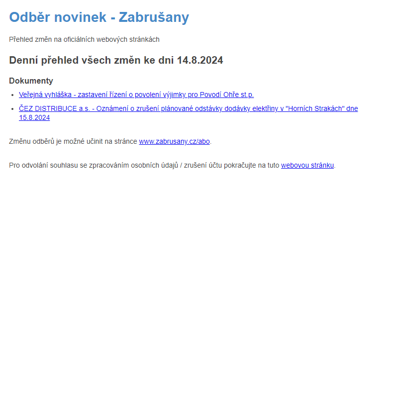 Odběr novinek ze dne 14.8.2024