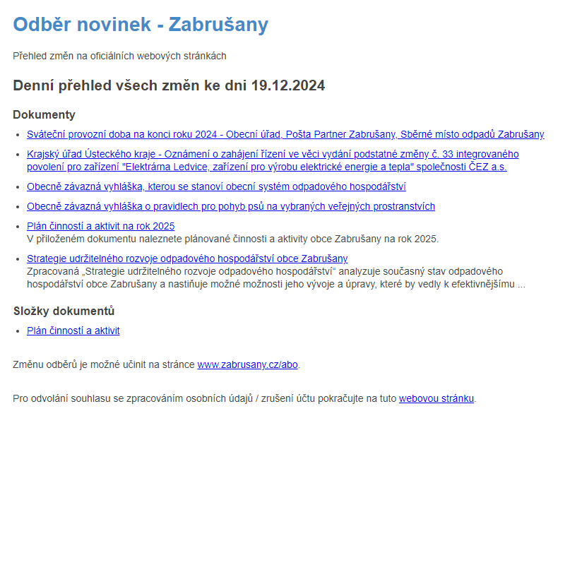 Odběr novinek ze dne 19.12.2024