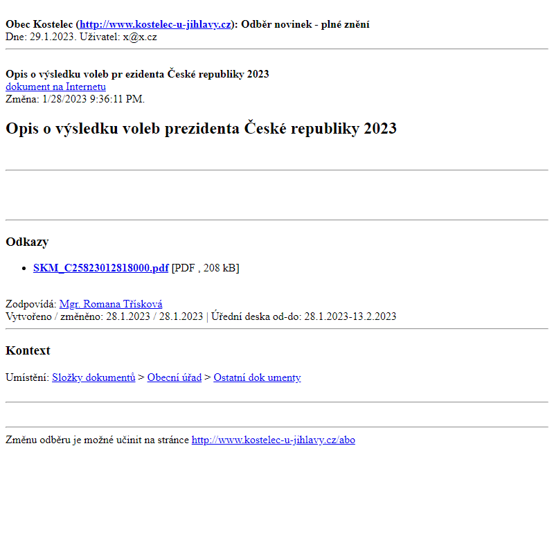 Odběr novinek ze dne 29.1.2023 - dokument Opis o výsledku voleb prezidenta České republiky 2023