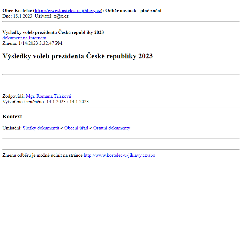 Odběr novinek ze dne 15.1.2023 - dokument Výsledky voleb prezidenta České republiky 2023