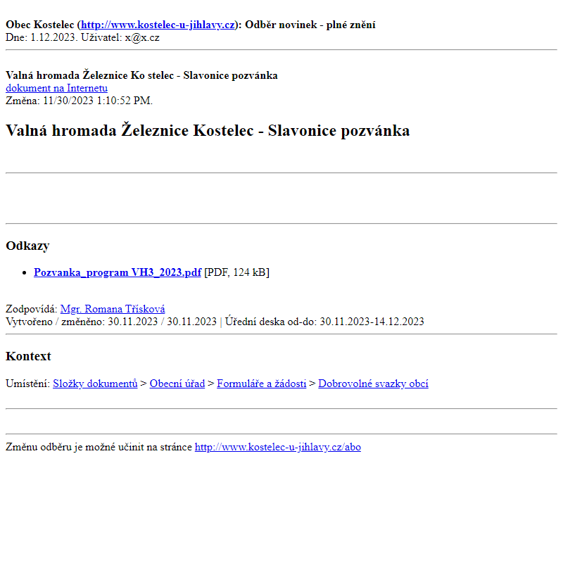 Odběr novinek ze dne 1.12.2023 - dokument Valná hromada Železnice Kostelec - Slavonice pozvánka