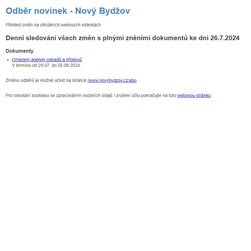 Odběr novinek ze dne 26.7.2024