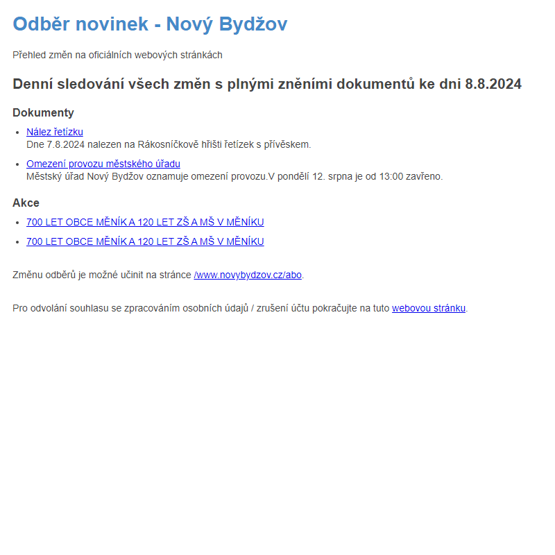 Odběr novinek ze dne 8.8.2024