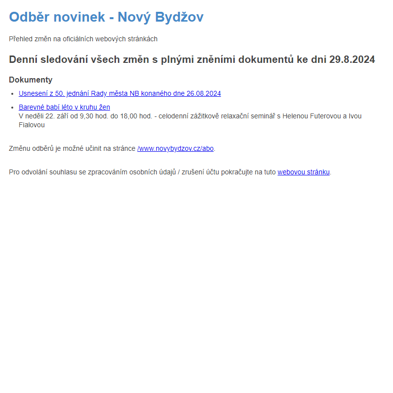 Odběr novinek ze dne 29.8.2024